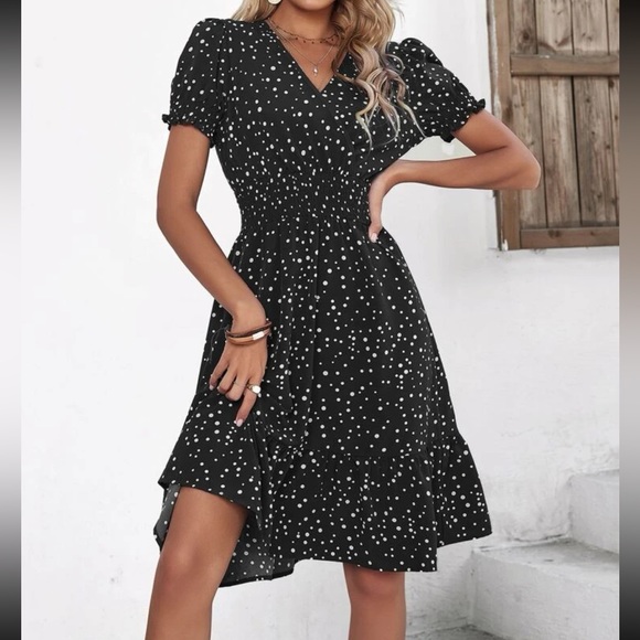 Boho polka dots puff sleeve A line dress - Picture 7 of 10